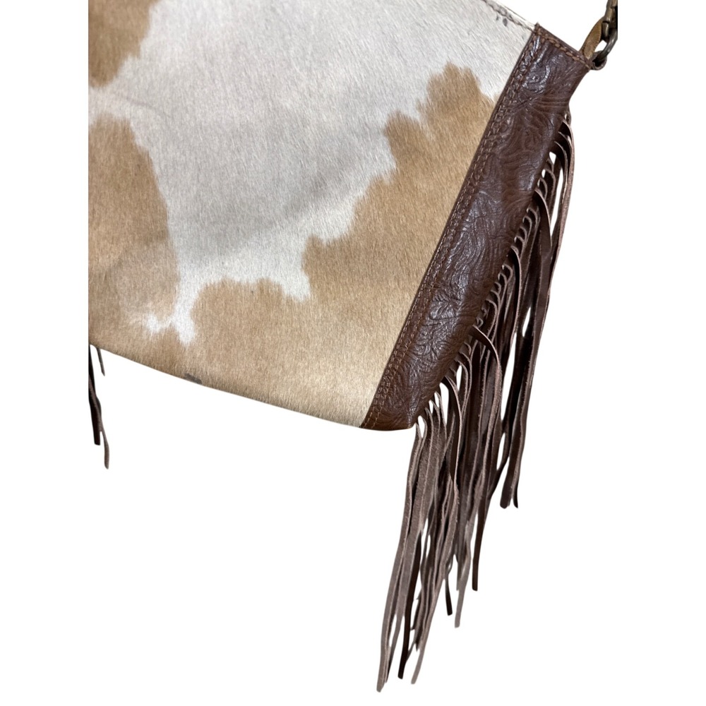 Cotton Curls Cowhide Leather Fringe Crossbody Bag Brown White Western Boho - Picture 3 of 10